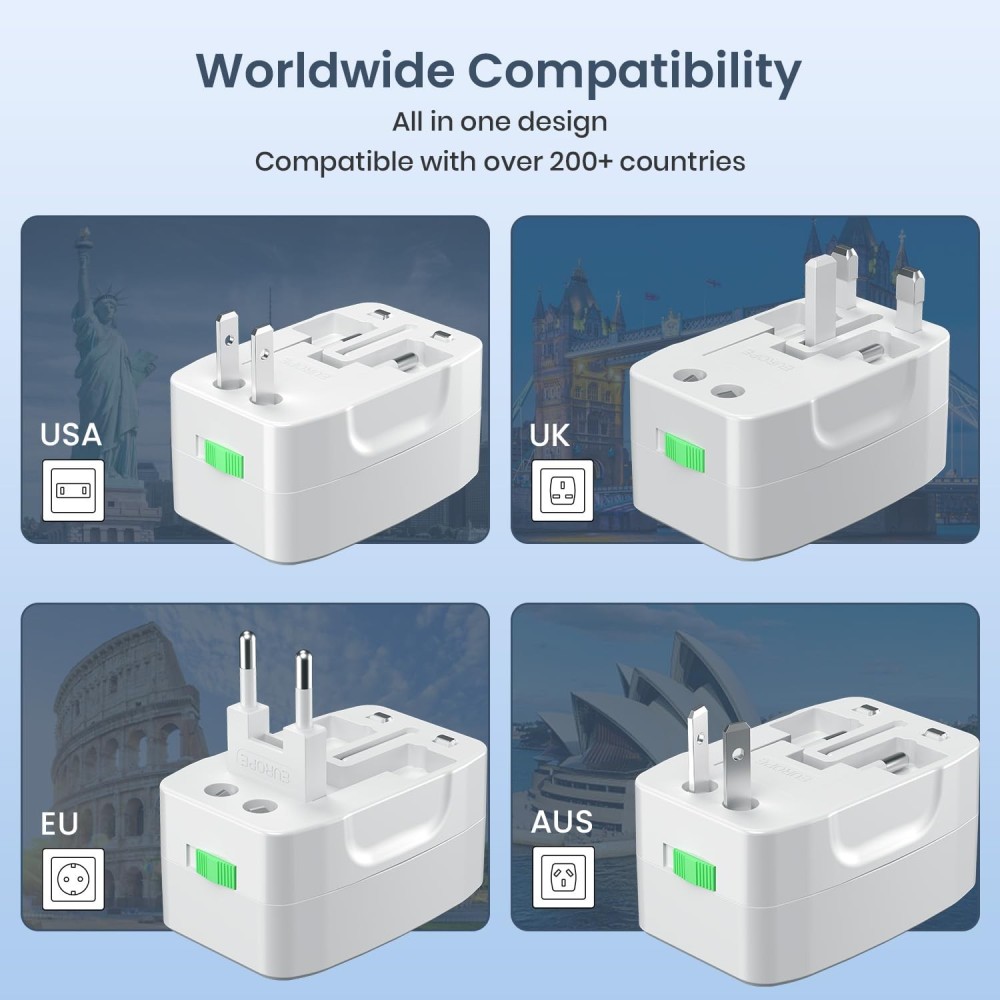 Portronics Juicemate Go Universal Travel Adapter with 6A AC Socket | International All-in-One Travel Charger for 180+ Countries (US/UK/EU/AUS) - (White)