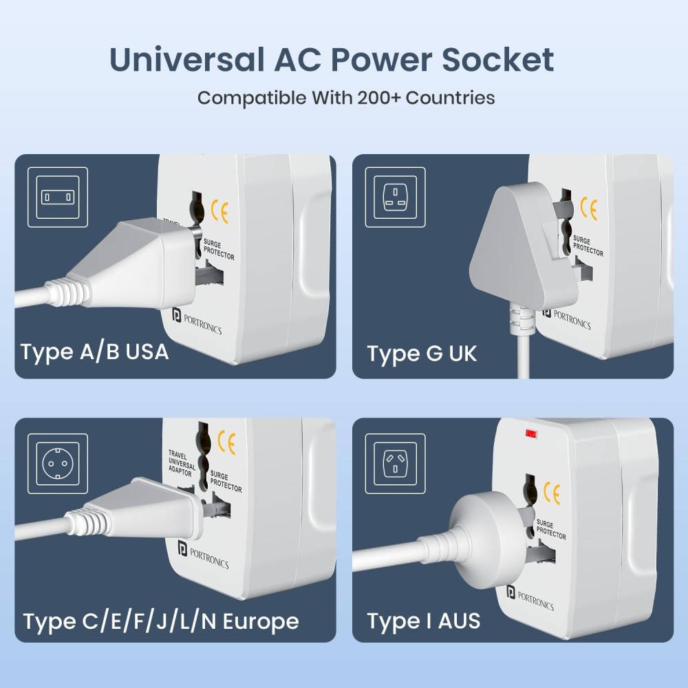 Portronics Juicemate Go Universal Travel Adapter with 6A AC Socket | International All-in-One Travel Charger for 180+ Countries (US/UK/EU/AUS) - (White)