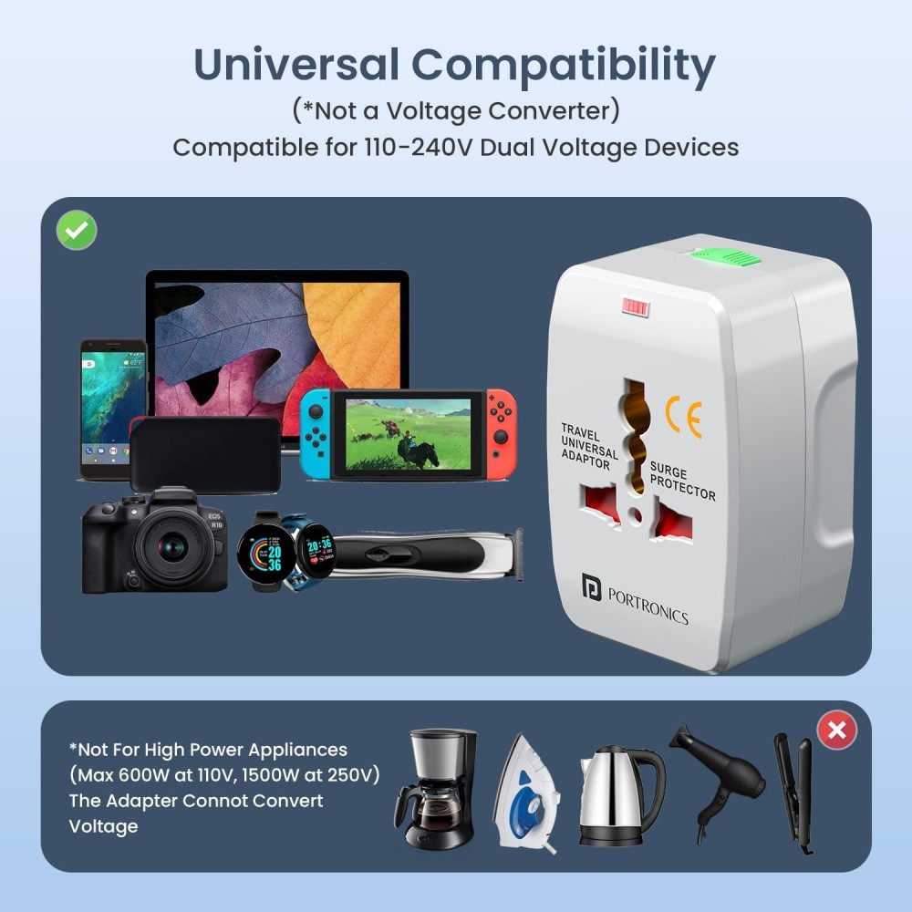 Portronics Juicemate Go Universal Travel Adapter with 6A AC Socket | International All-in-One Travel Charger for 180+ Countries (US/UK/EU/AUS) - (White)