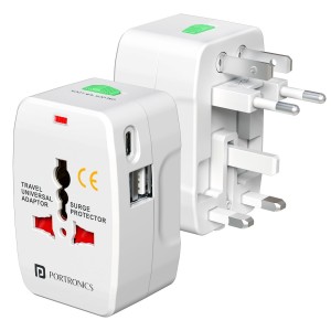 Portronics Juicemate Go Pro Universal Travel Adapter 12W Type-C + Dual USB-A | International Fast Charging Adapter for 190+ Countries (White)