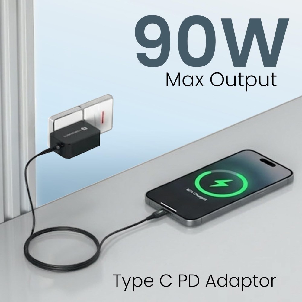 Portronics Zion 90 90W PD Fast Charging Laptop Adapter with Built-in USB-C Cable, PPS Technology, 1.5m Cable for Laptops, MacBooks, Tablets & Smartphones - (Black)
