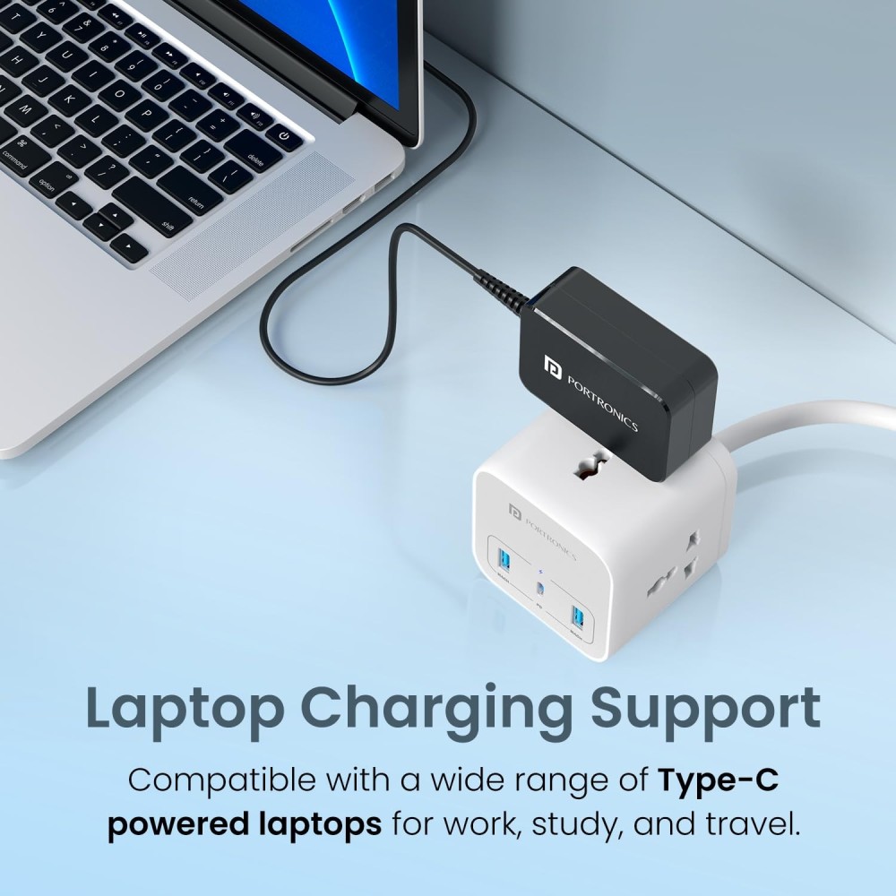 Portronics Zion 90 90W PD Fast Charging Laptop Adapter with Built-in USB-C Cable, PPS Technology, 1.5m Cable for Laptops, MacBooks, Tablets & Smartphones - (Black)