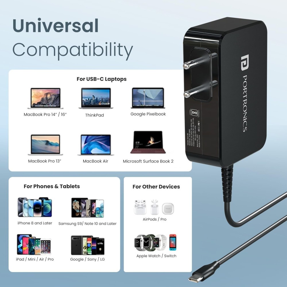 Portronics Zion 90 90W PD Fast Charging Laptop Adapter with Built-in USB-C Cable, PPS Technology, 1.5m Cable for Laptops, MacBooks, Tablets & Smartphones - (Black)