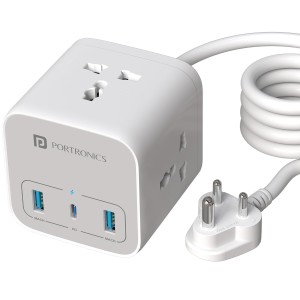 Portronics Volt 20 20W Smart Desktop Charger with 3 AC Sockets, Type-C PD, 2 USB Ports & 3M Copper Cable for Laptops, Smartphones & Tablets - (White)