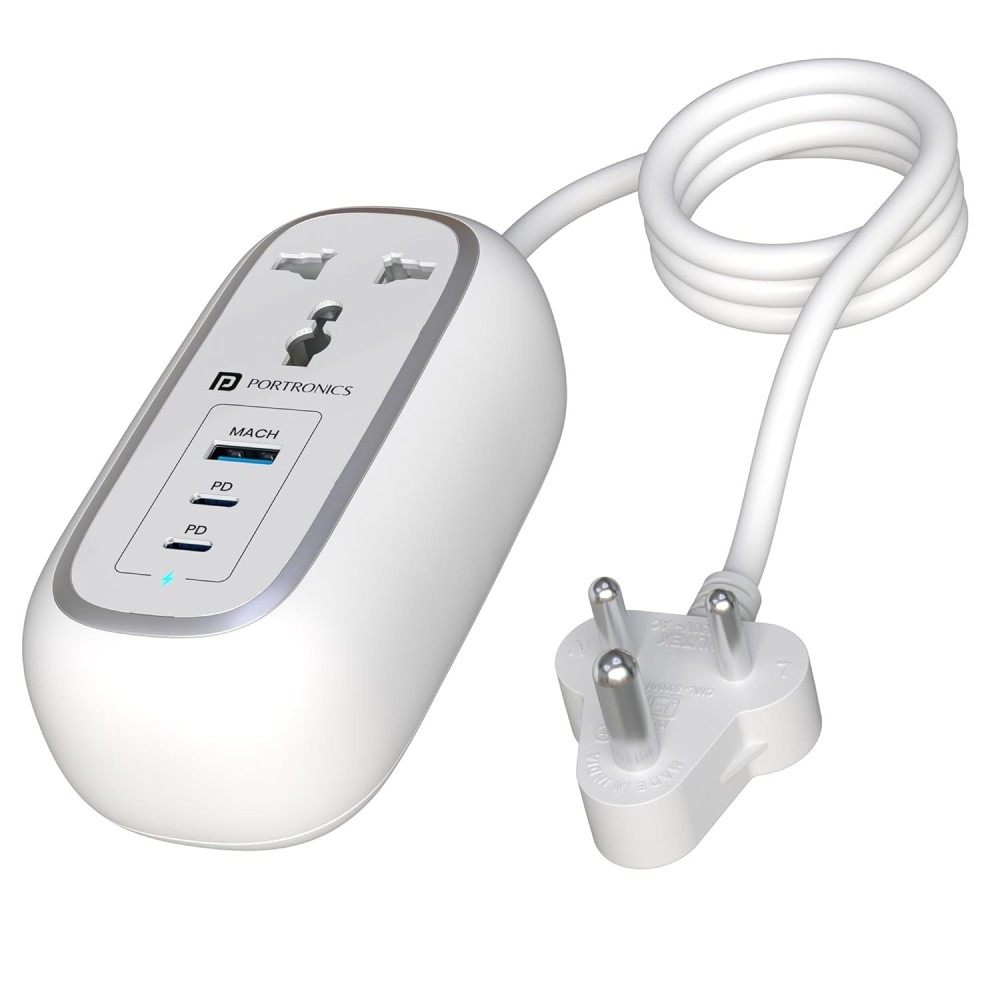 Portronics 67W Volt 65 Pro Smart Desktop Charger with 2 USB-C PD, USB Port, 2 AC Sockets & 1M Cable - (White)