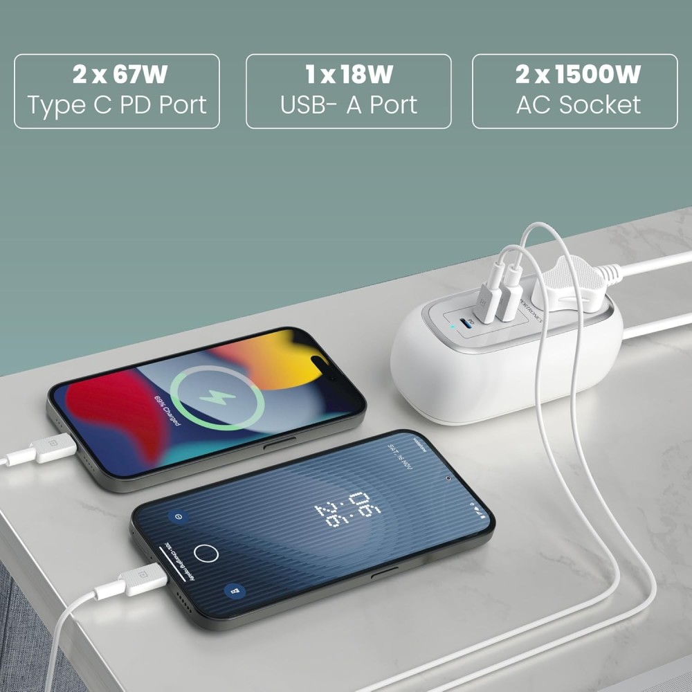 Portronics 67W Volt 65 Pro Smart Desktop Charger with 2 USB-C PD, USB Port, 2 AC Sockets & 1M Cable - (White)