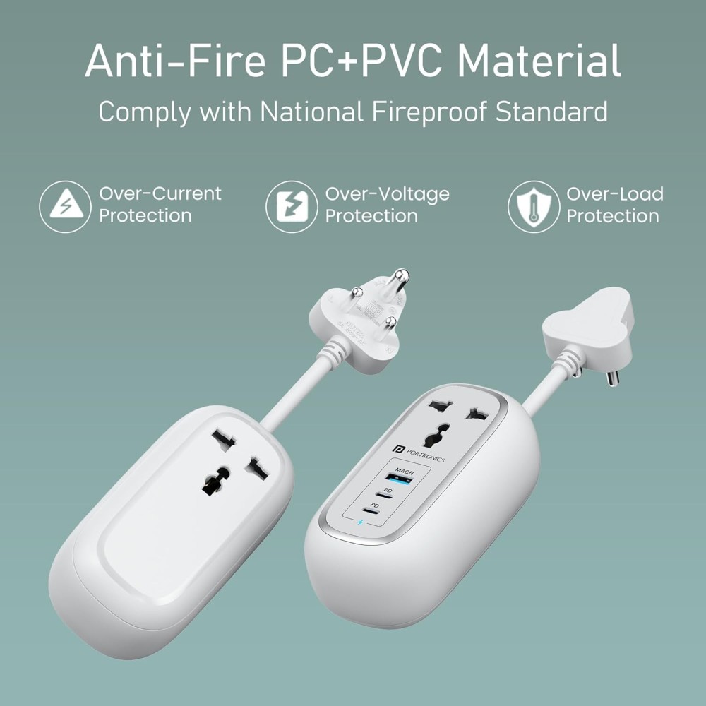 Portronics 67W Volt 65 Pro Smart Desktop Charger with 2 USB-C PD, USB Port, 2 AC Sockets & 1M Cable - (White)