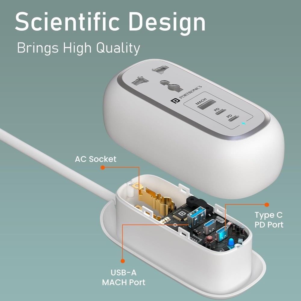 Portronics 67W Volt 65 Pro Smart Desktop Charger with 2 USB-C PD, USB Port, 2 AC Sockets & 1M Cable - (White)