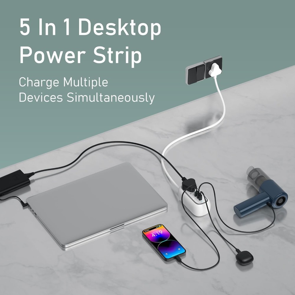 Portronics 67W Volt 65 Pro Smart Desktop Charger with 2 USB-C PD, USB Port, 2 AC Sockets & 1M Cable - (White)