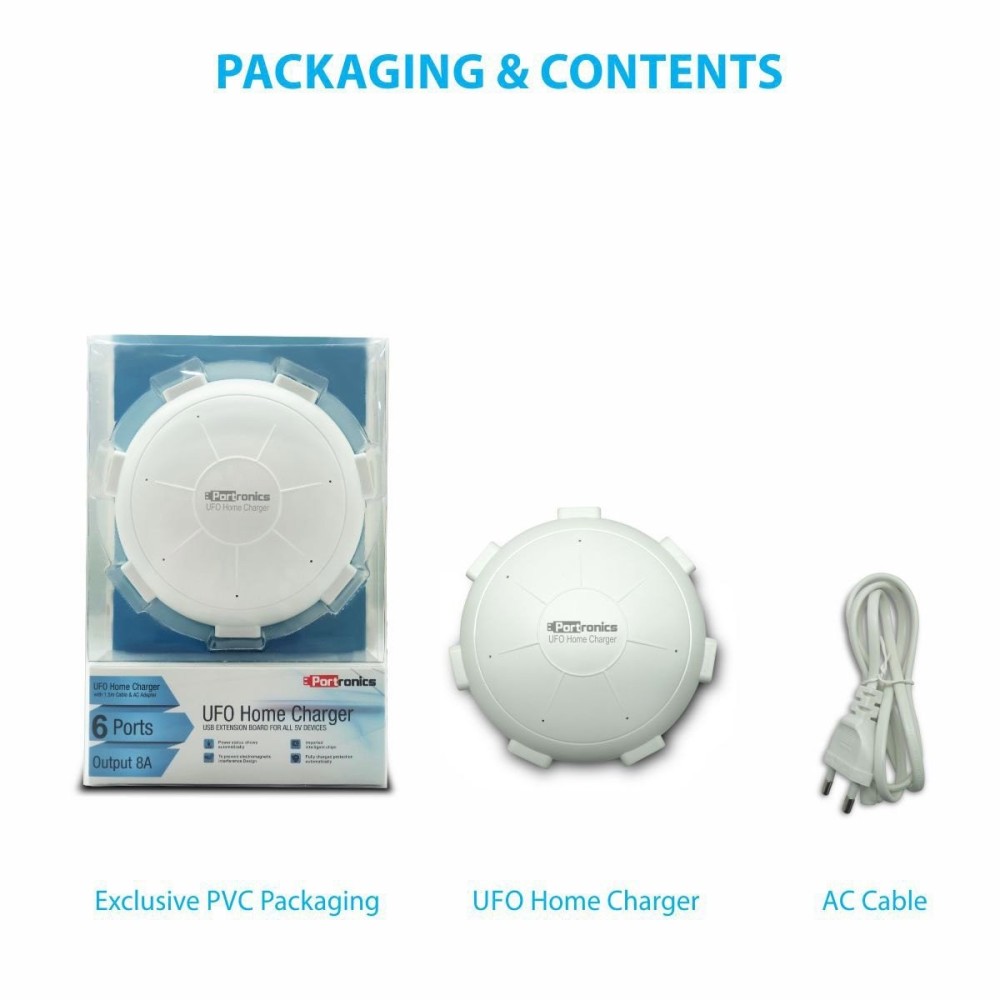 Portronics UFO USB Home Charger 6-Port 8A Fast Charging Station for Smartphones & Tablets  Multi USB Charger - (White)