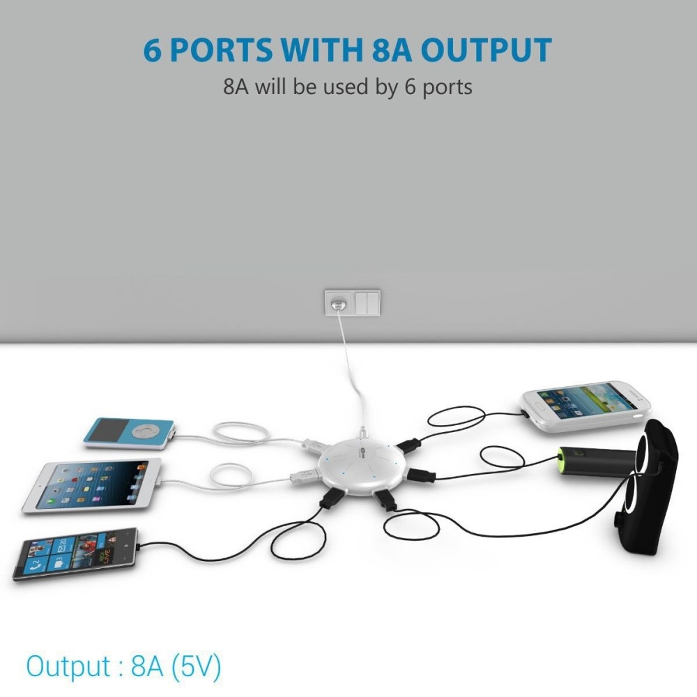 Portronics UFO USB Home Charger 6-Port 8A Fast Charging Station for Smartphones & Tablets  Multi USB Charger - (White)