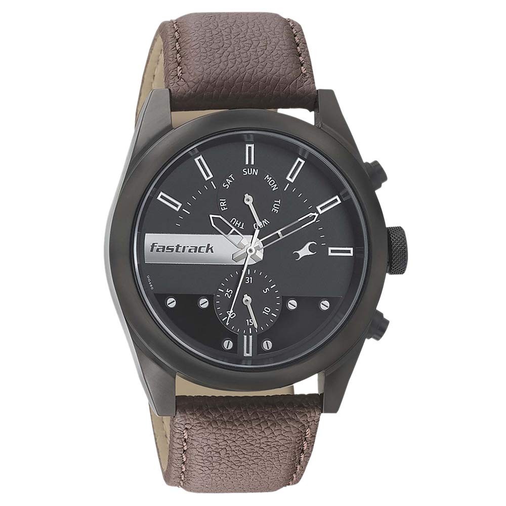Fastrack Men All Nighters Quartz Multifunction Black Dial Brown Leather Strap Watch for Guys - NT3165NL01