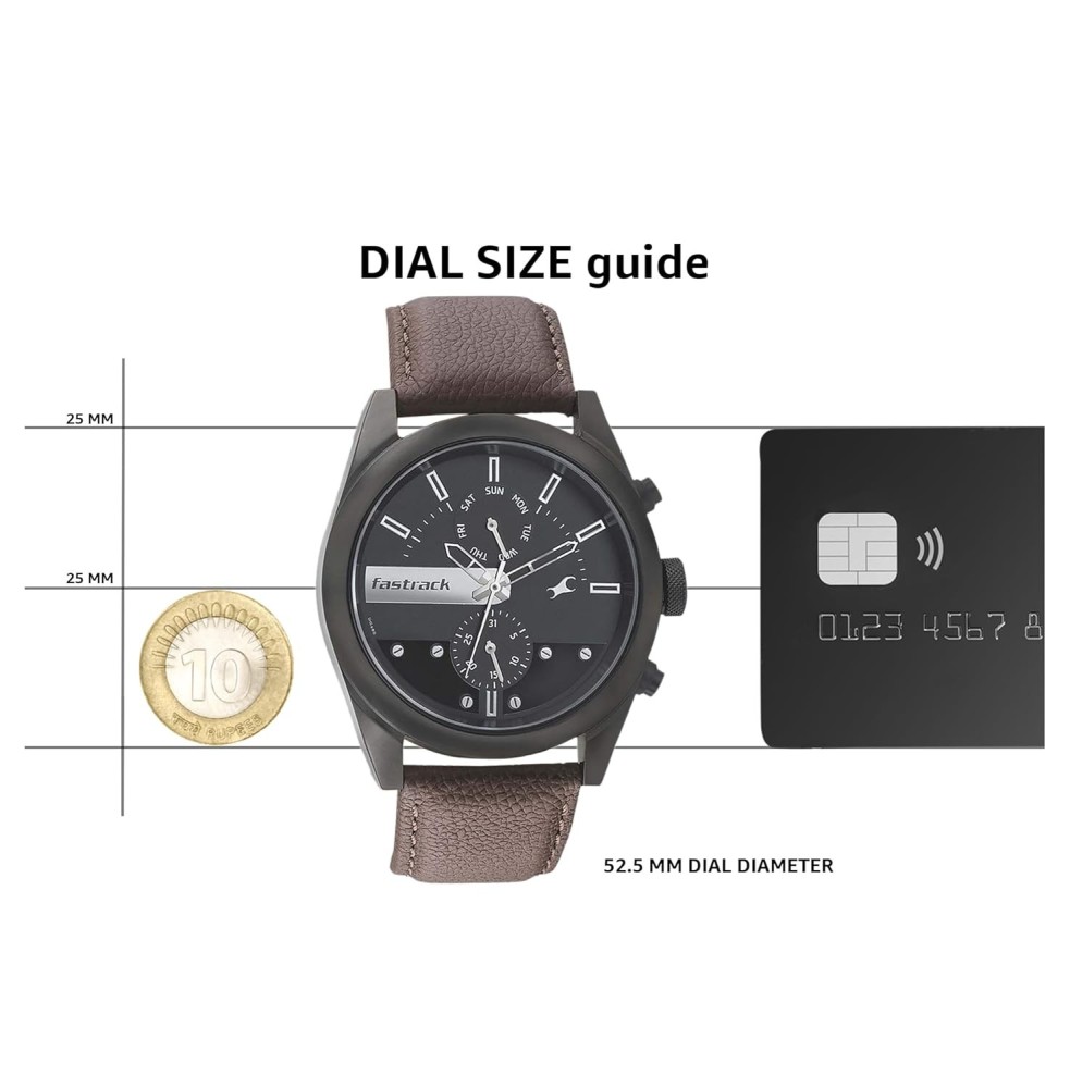 Fastrack Men All Nighters Quartz Multifunction Black Dial Brown Leather Strap Watch for Guys - NT3165NL01