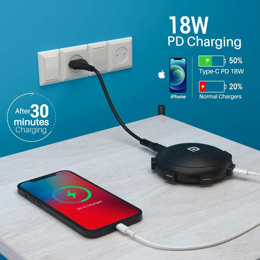 Portronics UFO PRO 6-Port 60W Charging Station with USB-C PD & QC Fast Charging Output Multi-Port USB Charger - (Black)