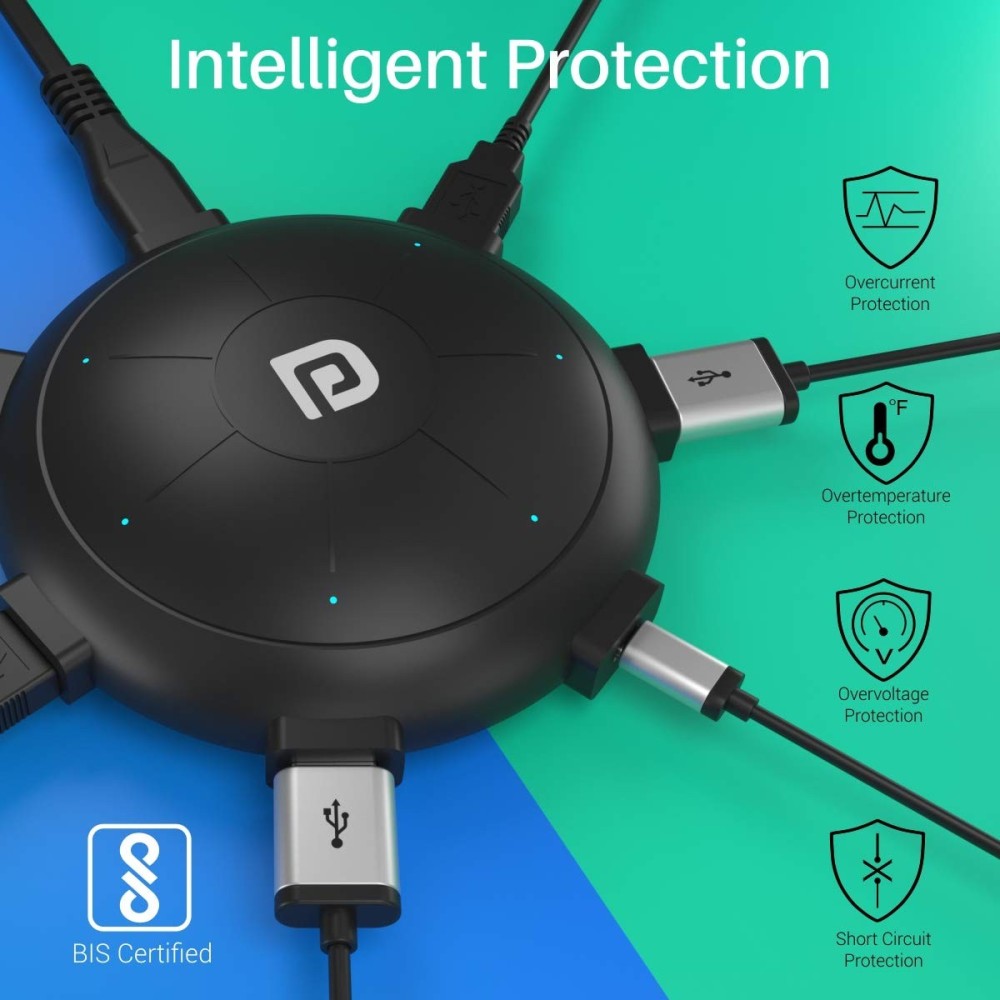 Portronics UFO PRO 6-Port 60W Charging Station with USB-C PD & QC Fast Charging Output Multi-Port USB Charger - (Black)