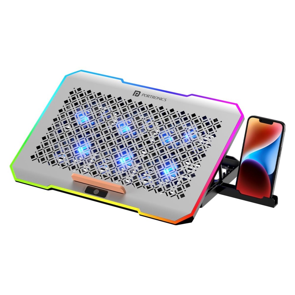 Portronics My Buddy Air Pro Laptop Cooling Pad with 6 Cooling Fans, RGB Lights, Adjustable Stand for Up to 17-Inch Laptops, (Grey)