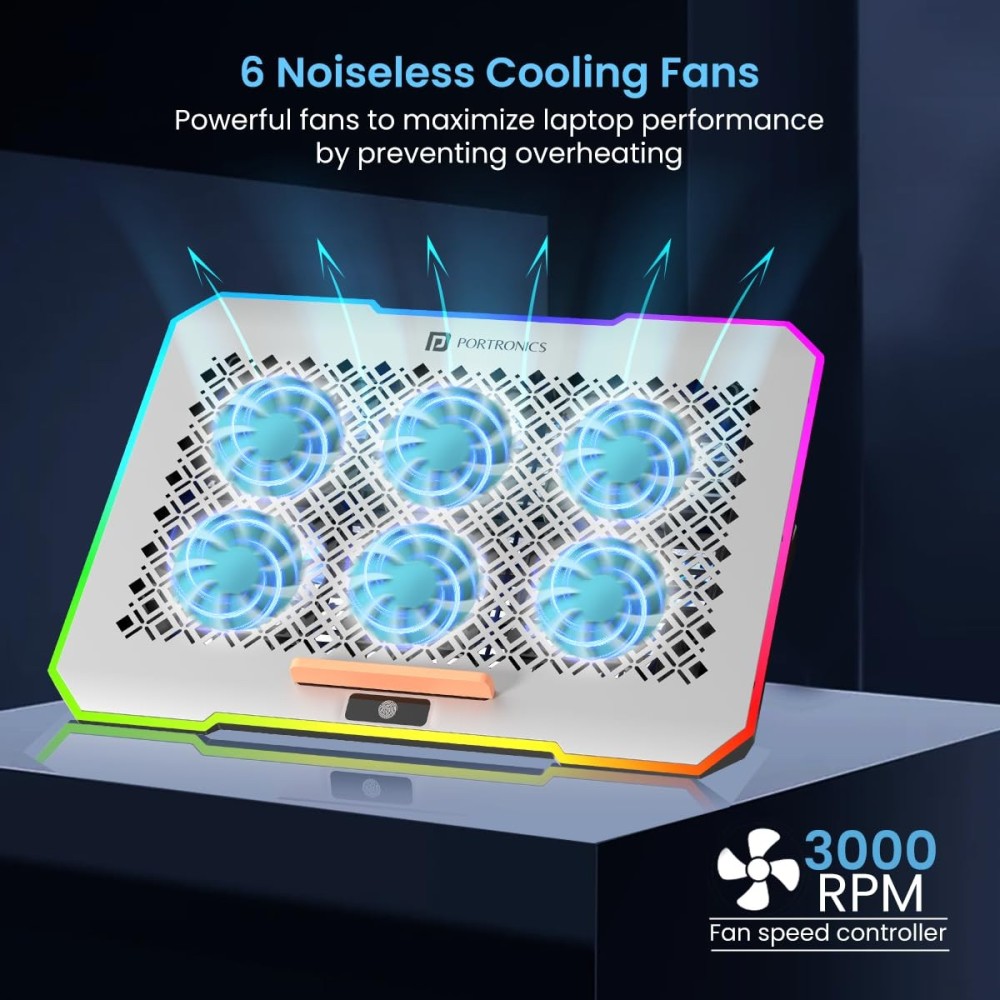 Portronics My Buddy Air Pro Laptop Cooling Pad with 6 Cooling Fans, RGB Lights, Adjustable Stand for Up to 17-Inch Laptops, (Grey)