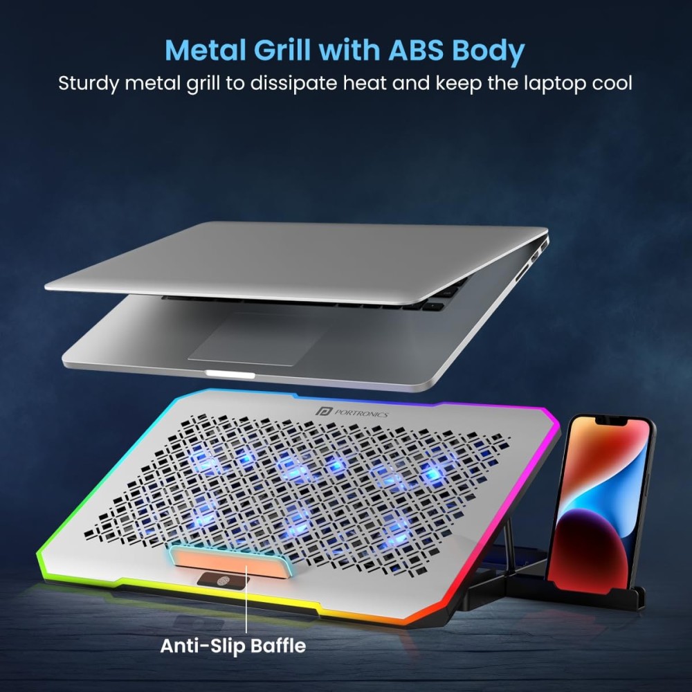 Portronics My Buddy Air Pro Laptop Cooling Pad with 6 Cooling Fans, RGB Lights, Adjustable Stand for Up to 17-Inch Laptops, (Grey)