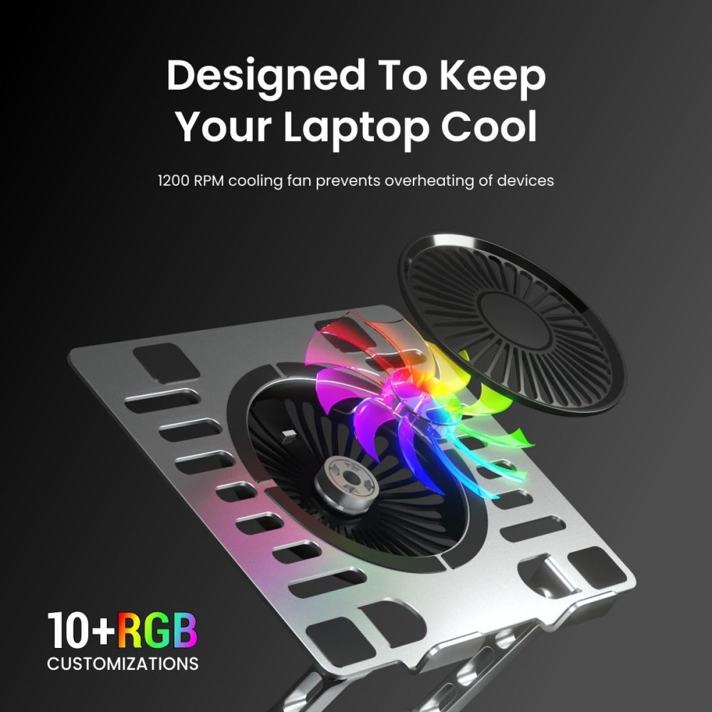 Portronics My Buddy Spinlight Laptop Stand with Cooling Fan, 360° Rotating Base, Adjustable Height, RGB Lights, Aluminium Alloy, Fits Up to 15.6" Laptops & Tablets – (Silver)