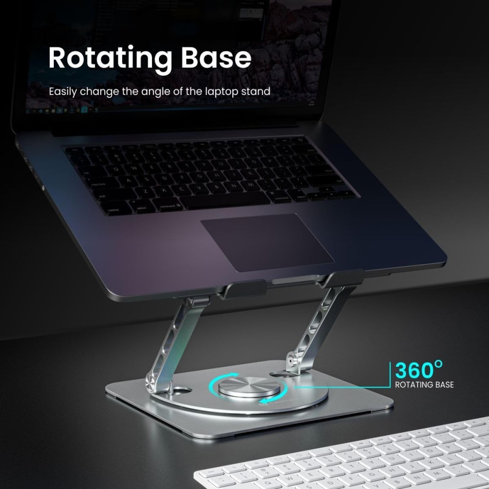 Portronics My Buddy Spinlight Laptop Stand with Cooling Fan, 360° Rotating Base, Adjustable Height, RGB Lights, Aluminium Alloy, Fits Up to 15.6" Laptops & Tablets – (Silver)