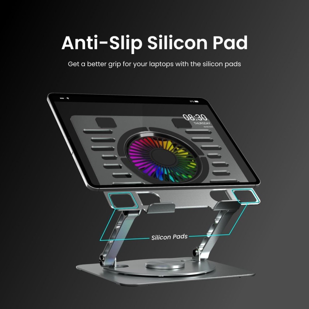 Portronics My Buddy Spinlight Laptop Stand with Cooling Fan, 360° Rotating Base, Adjustable Height, RGB Lights, Aluminium Alloy, Fits Up to 15.6" Laptops & Tablets – (Silver)