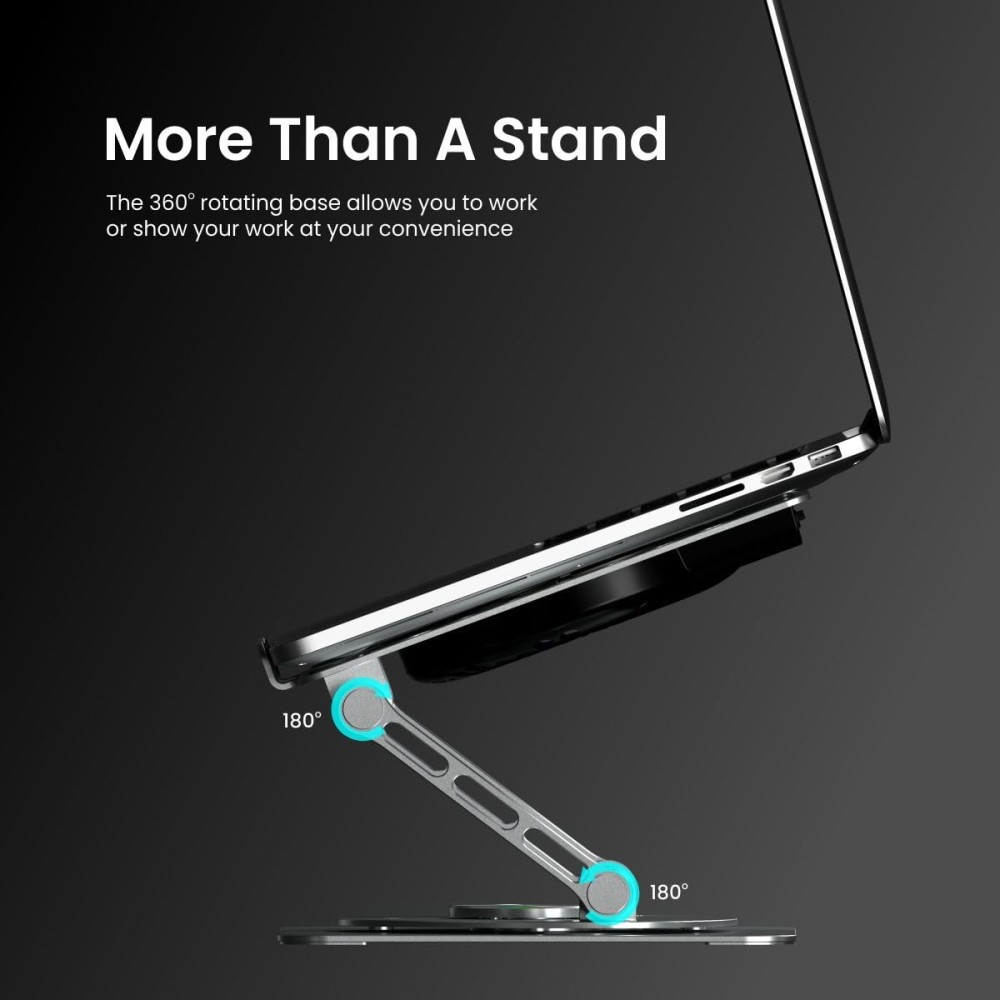 Portronics My Buddy Spinlight Laptop Stand with Cooling Fan, 360° Rotating Base, Adjustable Height, RGB Lights, Aluminium Alloy, Fits Up to 15.6" Laptops & Tablets – (Silver)