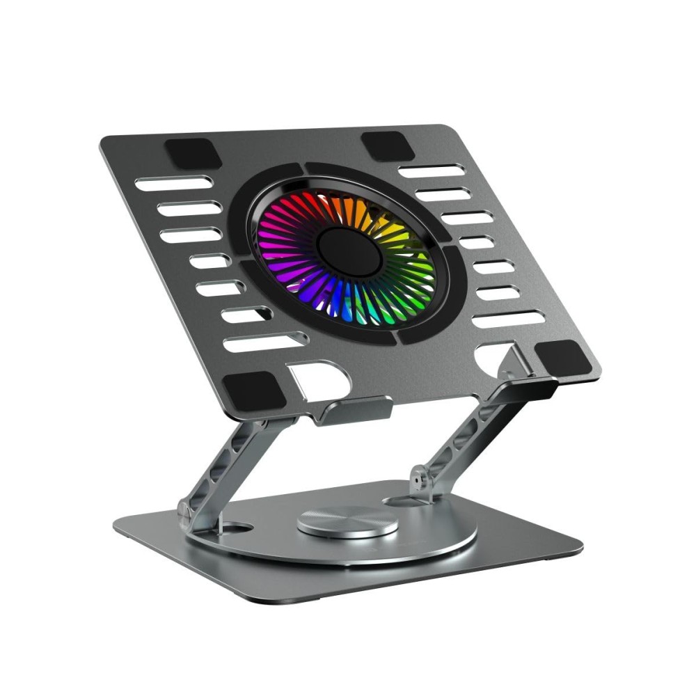 Portronics My Buddy Spinlight Laptop Stand with Cooling Fan, 360° Rotating Base, Adjustable Height, RGB Lights, Aluminium Alloy, Fits Up to 15.6" Laptops & Tablets – (Silver)