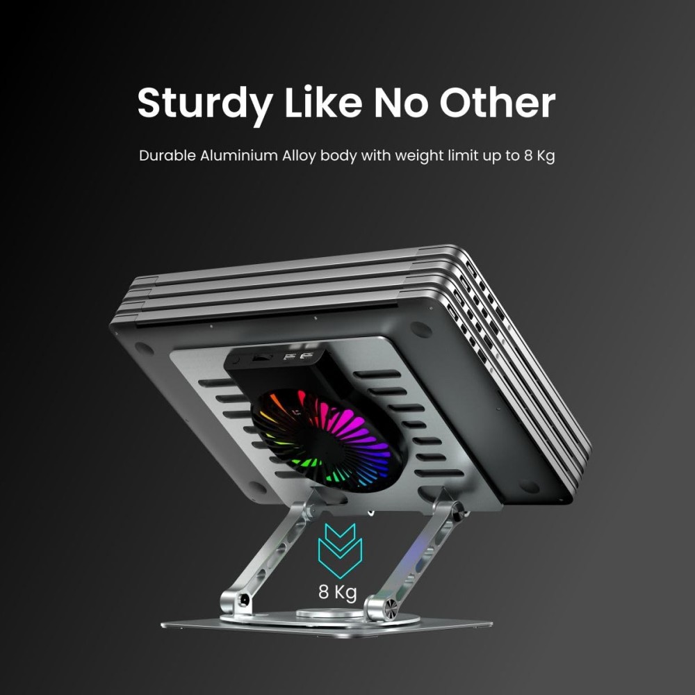 Portronics My Buddy Spinlight Laptop Stand with Cooling Fan, 360° Rotating Base, Adjustable Height, RGB Lights, Aluminium Alloy, Fits Up to 15.6" Laptops & Tablets – (Silver)