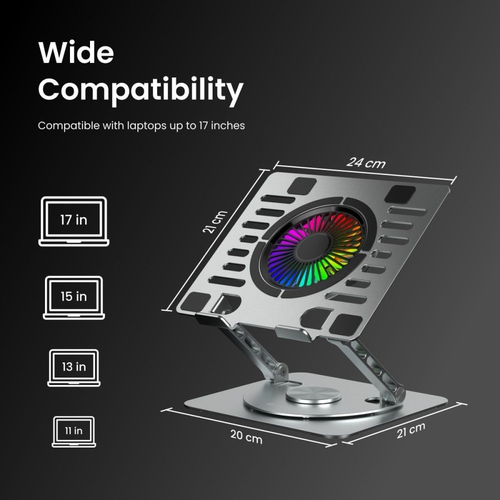 Portronics My Buddy Spinlight Laptop Stand with Cooling Fan, 360° Rotating Base, Adjustable Height, RGB Lights, Aluminium Alloy, Fits Up to 15.6" Laptops & Tablets – (Silver)