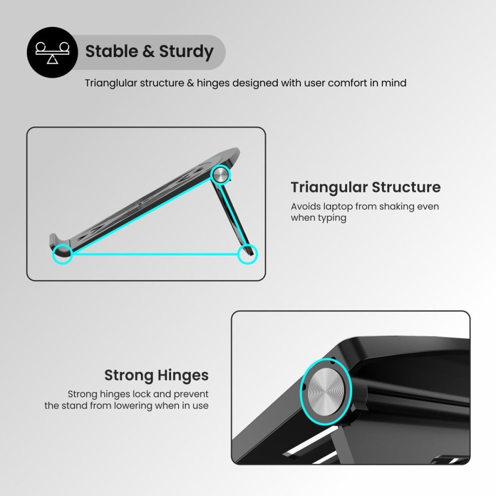 Portronics My Buddy Hexa 5 Foldable Laptop Stand for Up to 15.6" Laptops & MacBooks | Ergonomic, Ventilated, Anti-Slip - (Black)