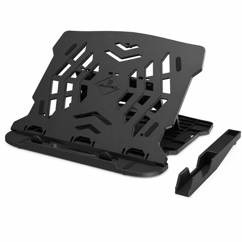 Portronics My Buddy Hexa 22 Laptop Stand with 360° Rotating Base, 7 Height Adjustments, Foldable Ergonomic Laptop & MacBook Stand with Mobile Holder for Up to 15.6 Inch Laptops – (Black)