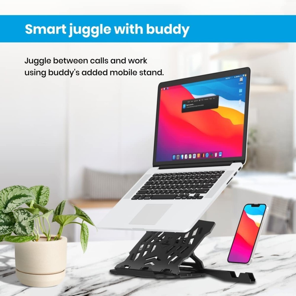 Portronics My Buddy Hexa 22 Laptop Stand with 360° Rotating Base, 7 Height Adjustments, Foldable Ergonomic Laptop & MacBook Stand with Mobile Holder for Up to 15.6 Inch Laptops – (Black)