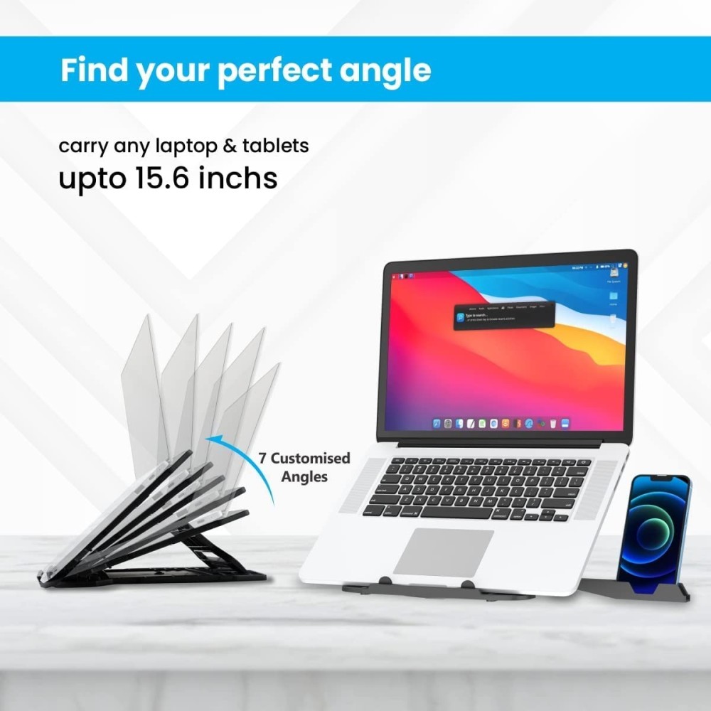 Portronics My Buddy Hexa 22 Laptop Stand with 360° Rotating Base, 7 Height Adjustments, Foldable Ergonomic Laptop & MacBook Stand with Mobile Holder for Up to 15.6 Inch Laptops – (Black)
