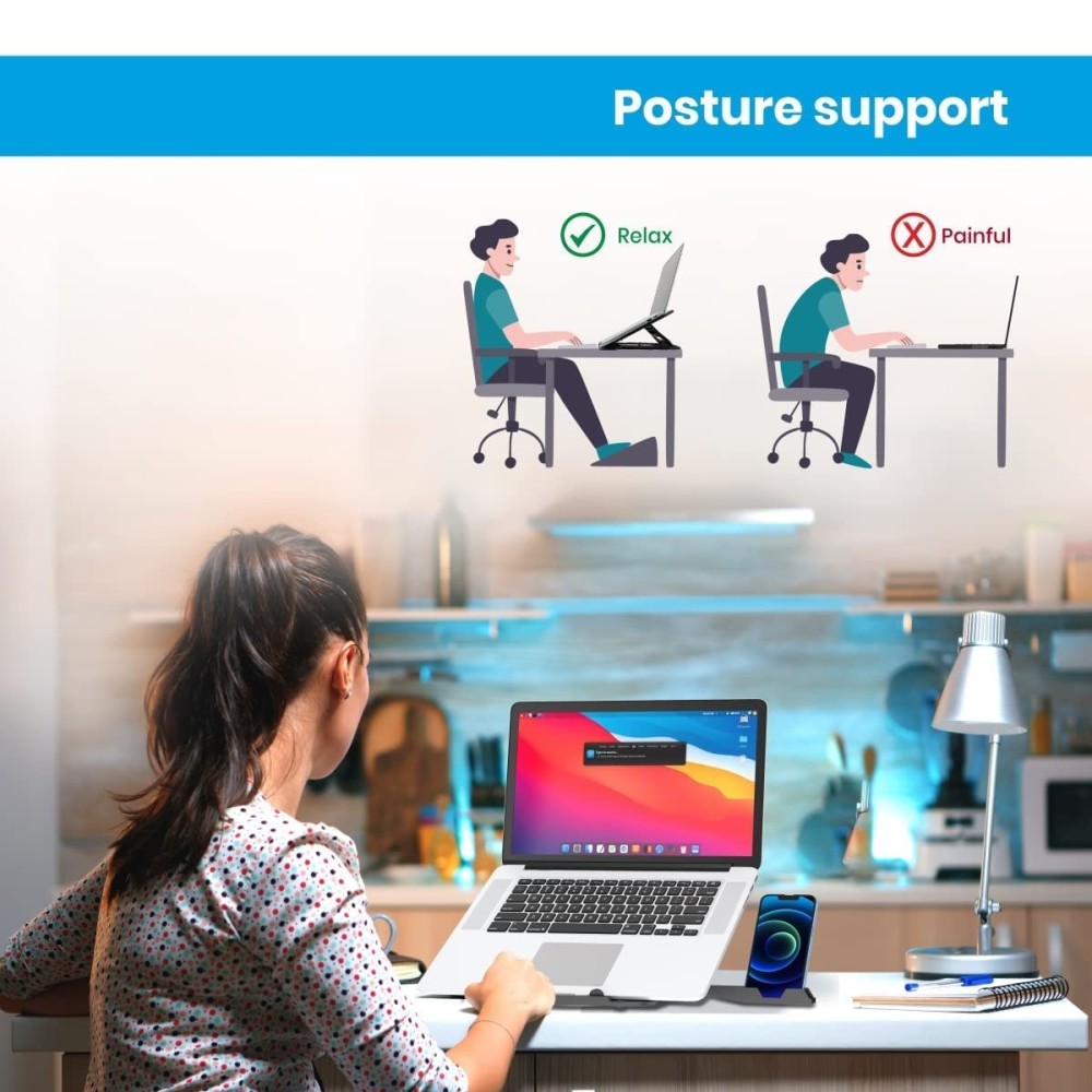 Portronics My Buddy Hexa 22 Laptop Stand with 360° Rotating Base, 7 Height Adjustments, Foldable Ergonomic Laptop & MacBook Stand with Mobile Holder for Up to 15.6 Inch Laptops – (Black)