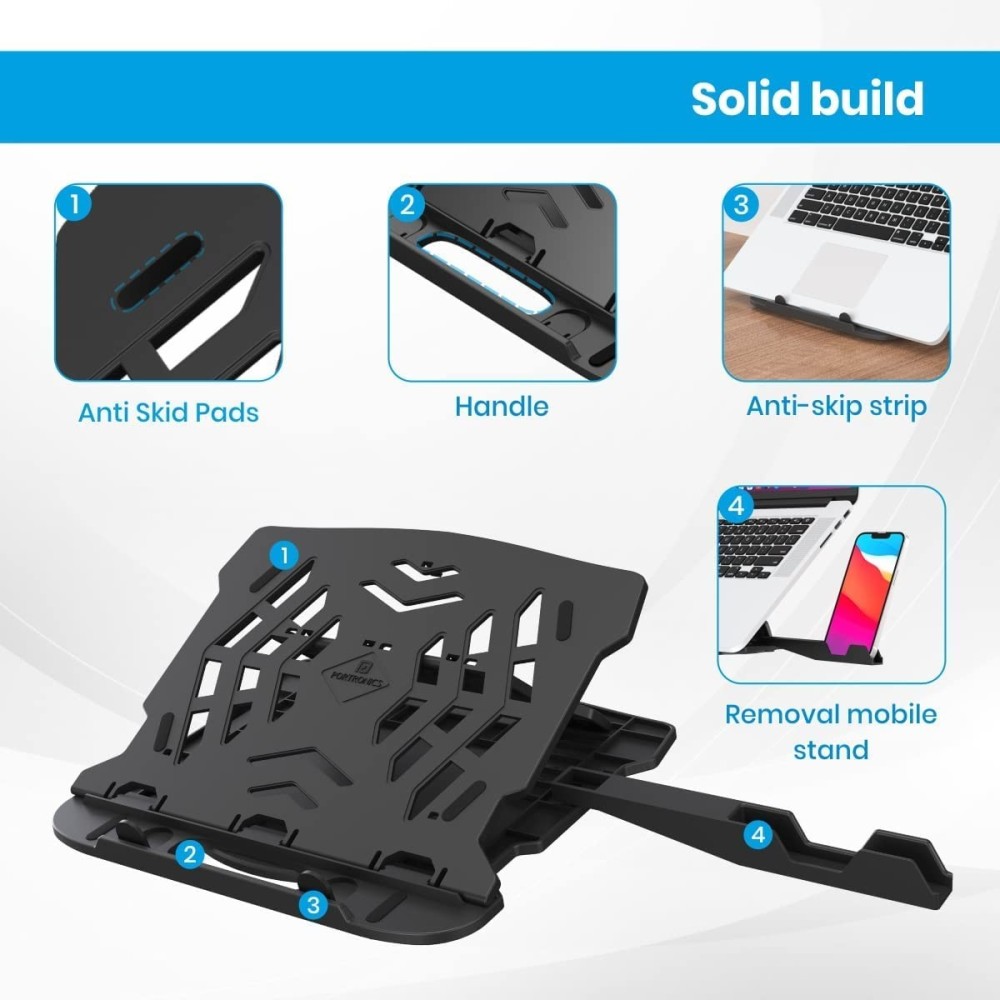 Portronics My Buddy Hexa 22 Laptop Stand with 360° Rotating Base, 7 Height Adjustments, Foldable Ergonomic Laptop & MacBook Stand with Mobile Holder for Up to 15.6 Inch Laptops – (Black)