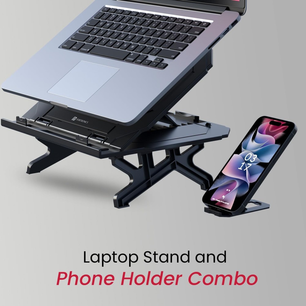 Portronics My Buddy Hexa 33 Laptop Stand with Phone Holder | Foldable 4-Leg Adjustable Stand for Up to 17-Inch Laptops & MacBook - (Black)