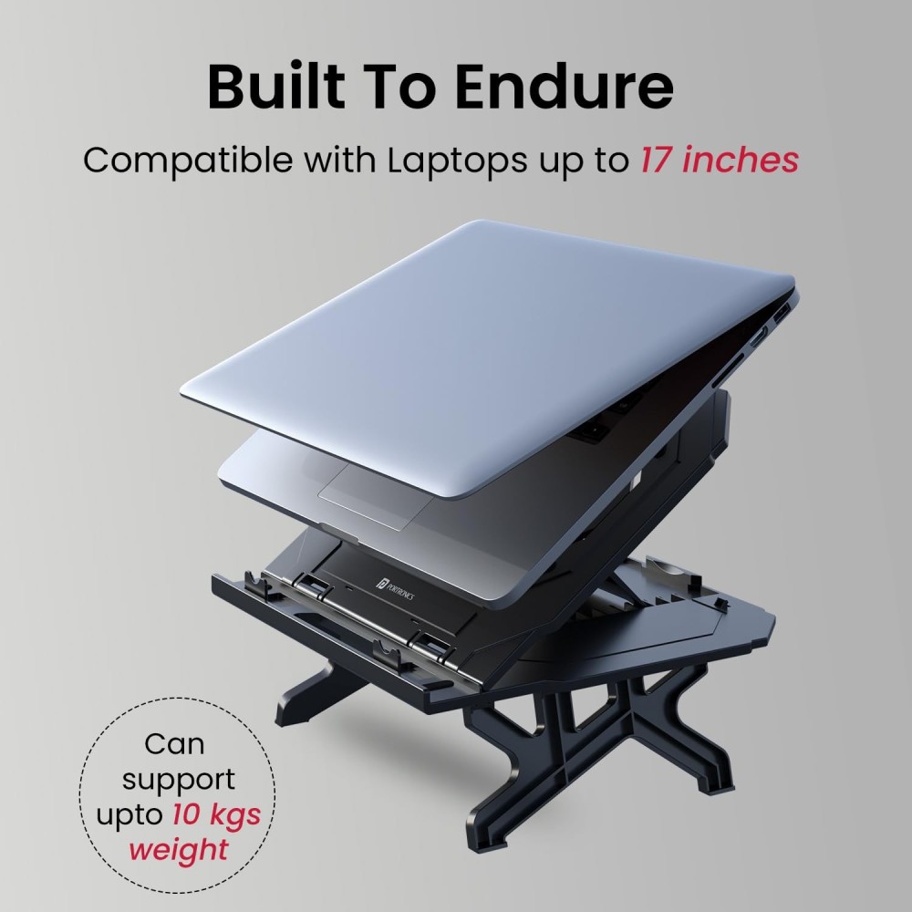 Portronics My Buddy Hexa 33 Laptop Stand with Phone Holder | Foldable 4-Leg Adjustable Stand for Up to 17-Inch Laptops & MacBook - (Black)
