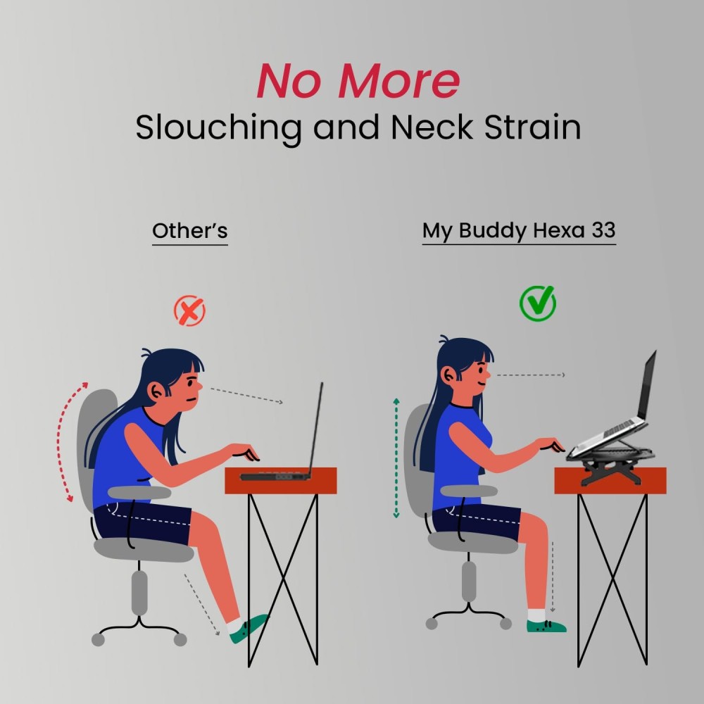 Portronics My Buddy Hexa 33 Laptop Stand with Phone Holder | Foldable 4-Leg Adjustable Stand for Up to 17-Inch Laptops & MacBook - (Black)