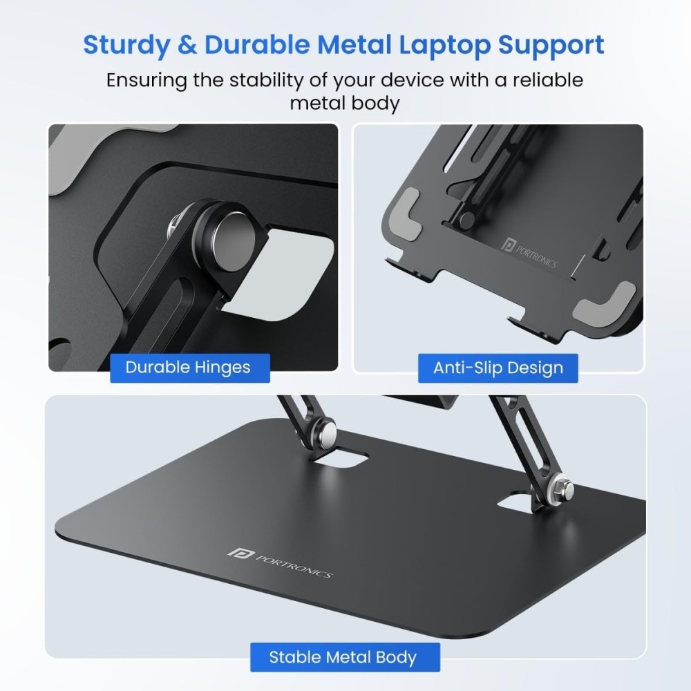 Portronics My Buddy K3 Pro Laptop Stand Adjustable Height & Angle Foldable Carbon Steel Laptop & Tablet Stand for Up to 15.6 Inch - (Grey)