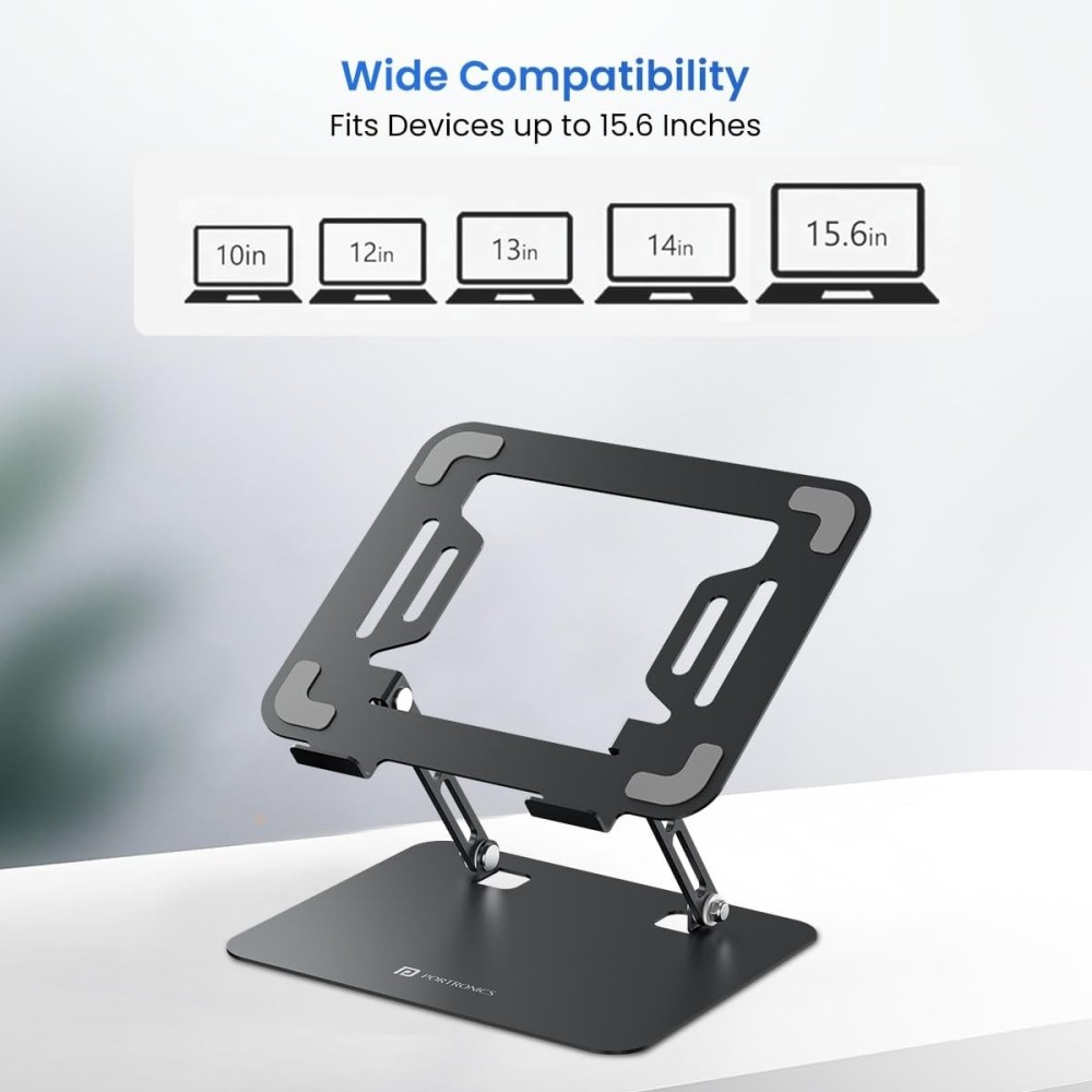 Portronics My Buddy K3 Pro Laptop Stand Adjustable Height & Angle Foldable Carbon Steel Laptop & Tablet Stand for Up to 15.6 Inch - (Grey)