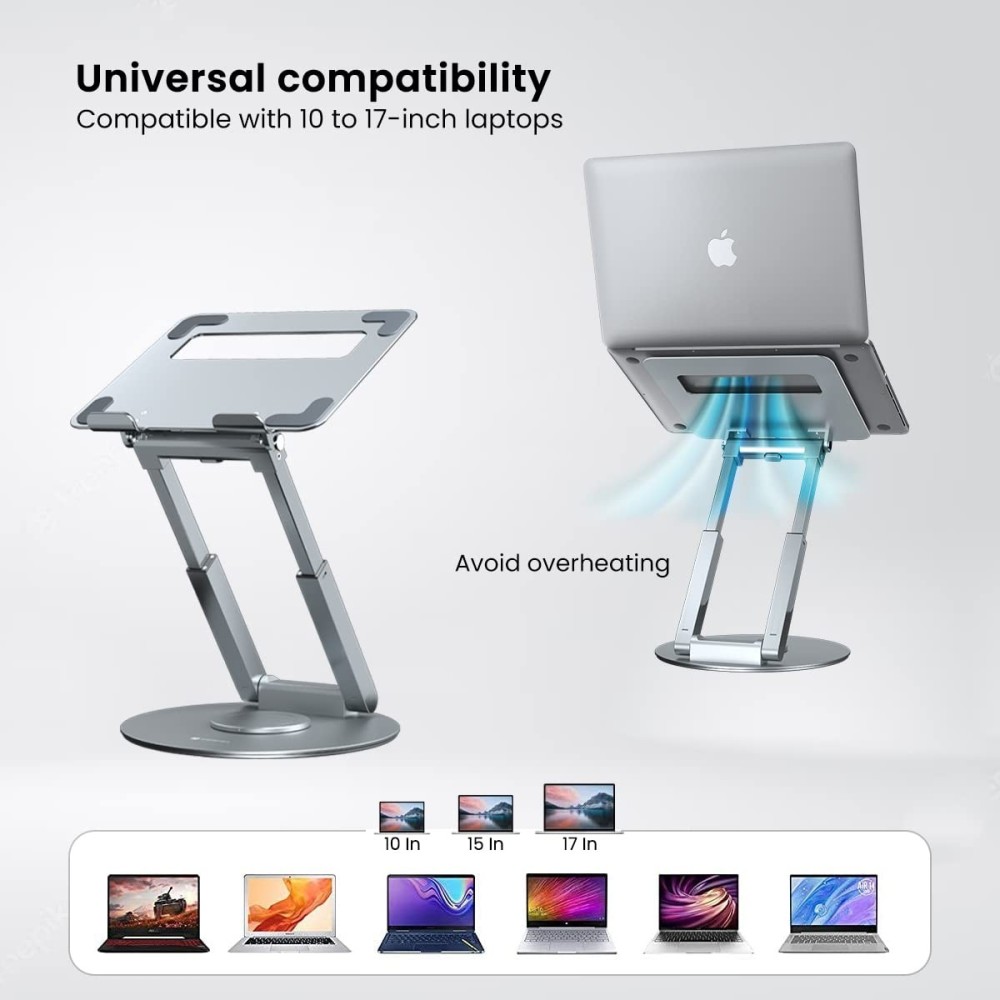 Portronics My Buddy K8 Portable Laptop Stand with 360° Rotating Base, Adjustable Height up to 53cm, Ergonomic Aluminium Laptop Stand for Posture Support - (Silver)