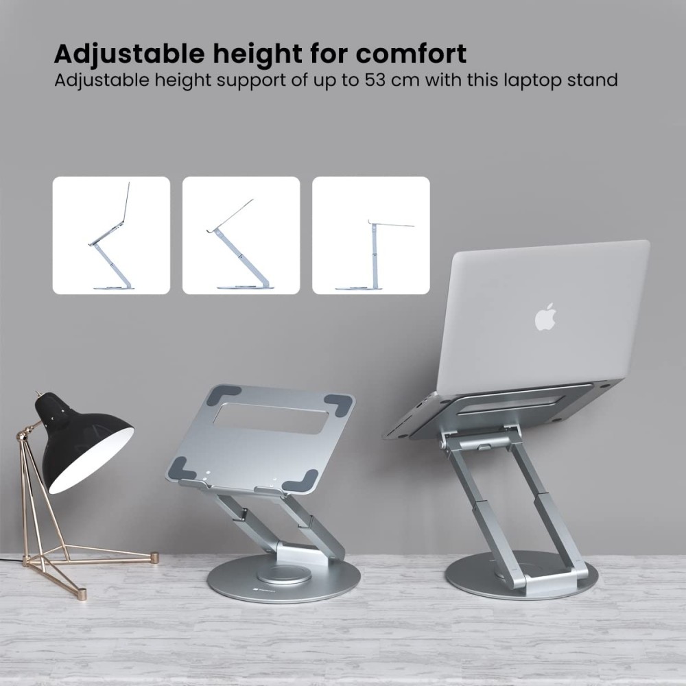 Portronics My Buddy K8 Portable Laptop Stand with 360° Rotating Base, Adjustable Height up to 53cm, Ergonomic Aluminium Laptop Stand for Posture Support - (Silver)