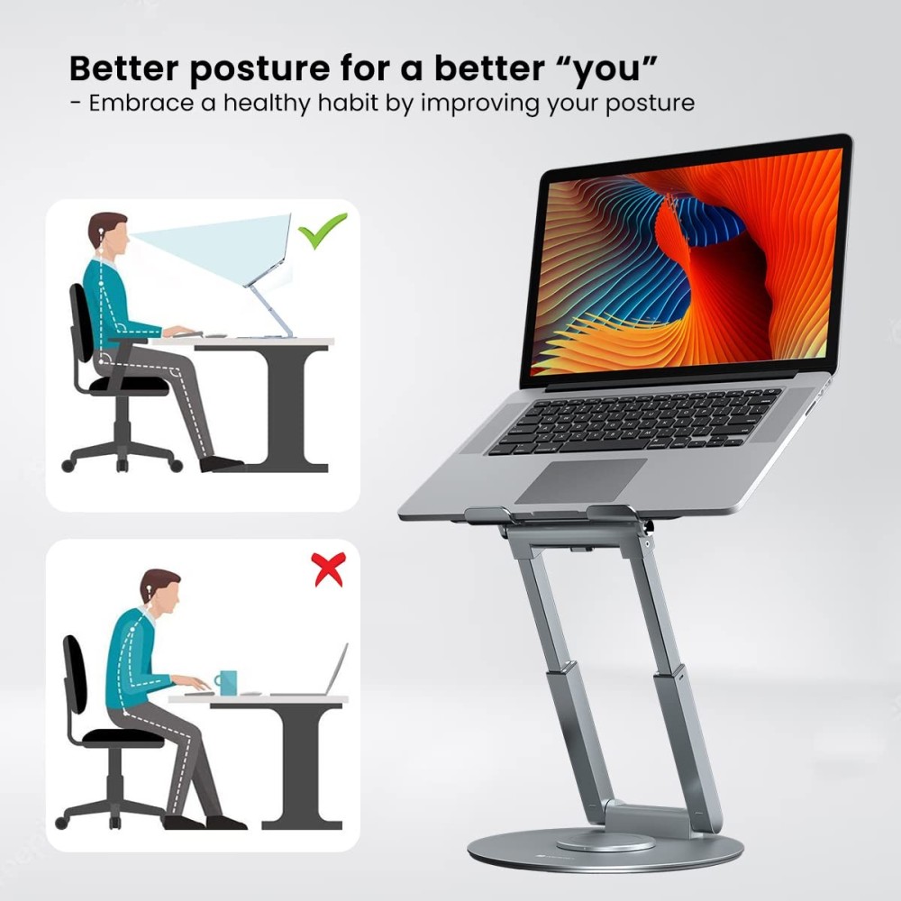 Portronics My Buddy K8 Portable Laptop Stand with 360° Rotating Base, Adjustable Height up to 53cm, Ergonomic Aluminium Laptop Stand for Posture Support - (Silver)