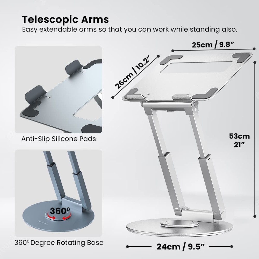Portronics My Buddy K8 Portable Laptop Stand with 360° Rotating Base, Adjustable Height up to 53cm, Ergonomic Aluminium Laptop Stand for Posture Support - (Silver)