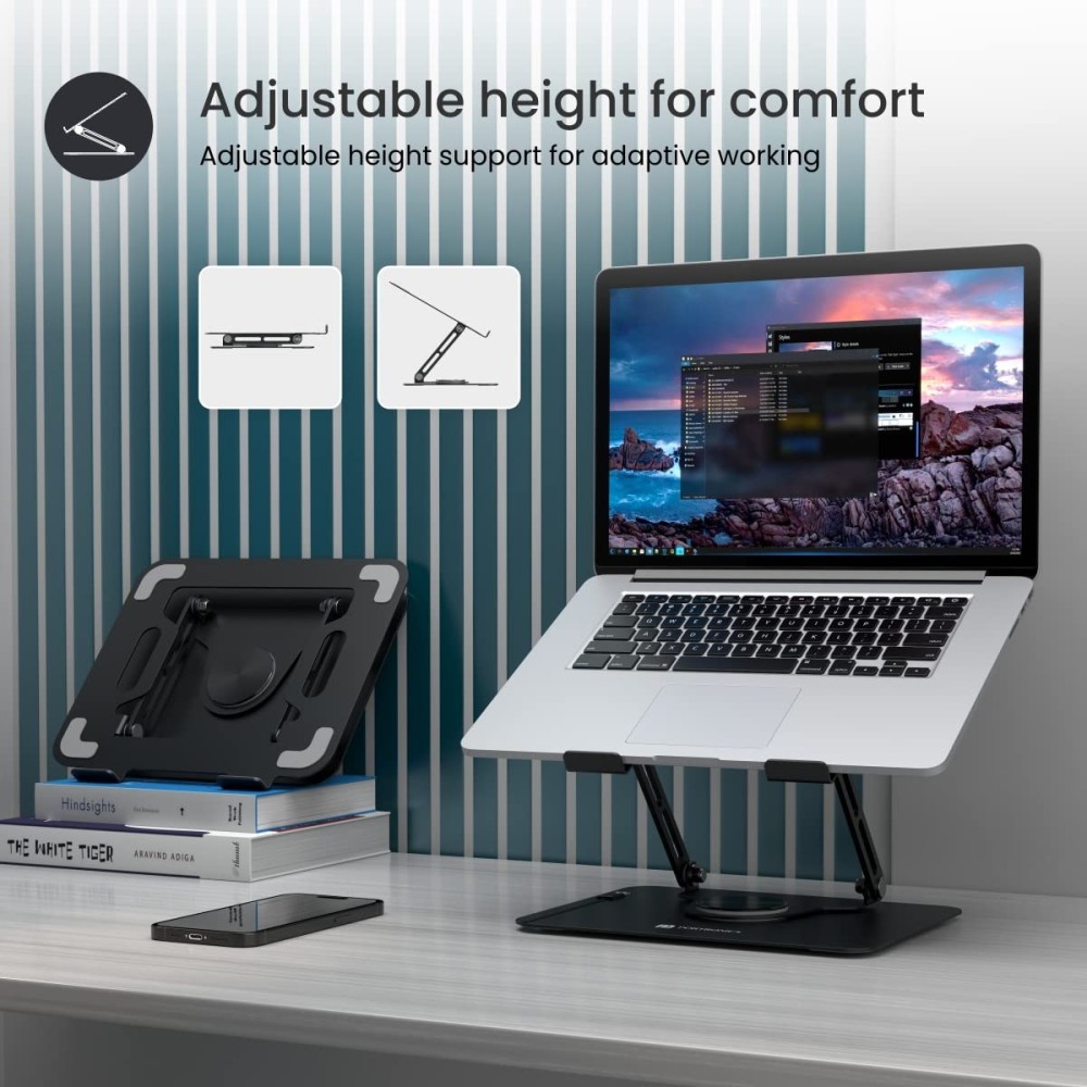 Portronics My Buddy K9 Portable Laptop Stand with 360° Rotating Base, Adjustable Height, Ventilated Anti-Slip Ergonomic Design for Laptops - (Black)