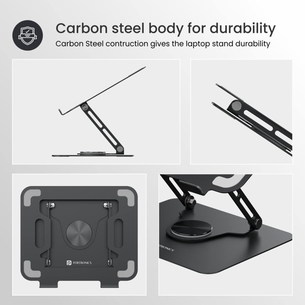 Portronics My Buddy K9 Portable Laptop Stand with 360° Rotating Base, Adjustable Height, Ventilated Anti-Slip Ergonomic Design for Laptops - (Black)