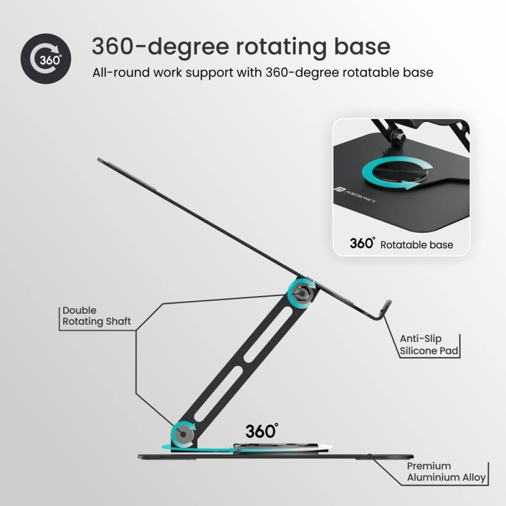 Portronics My Buddy K9 Portable Laptop Stand with 360° Rotating Base, Adjustable Height, Ventilated Anti-Slip Ergonomic Design for Laptops - (Black)