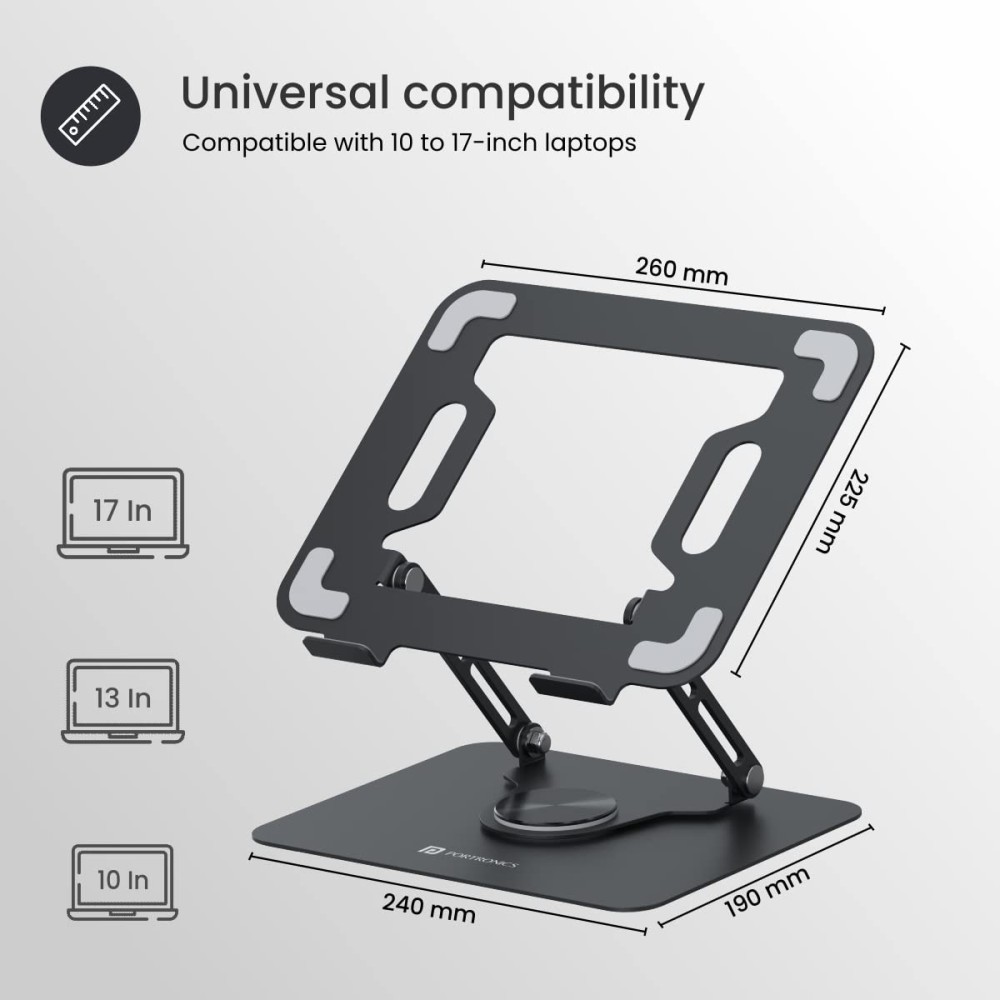 Portronics My Buddy K9 Portable Laptop Stand with 360° Rotating Base, Adjustable Height, Ventilated Anti-Slip Ergonomic Design for Laptops - (Black)