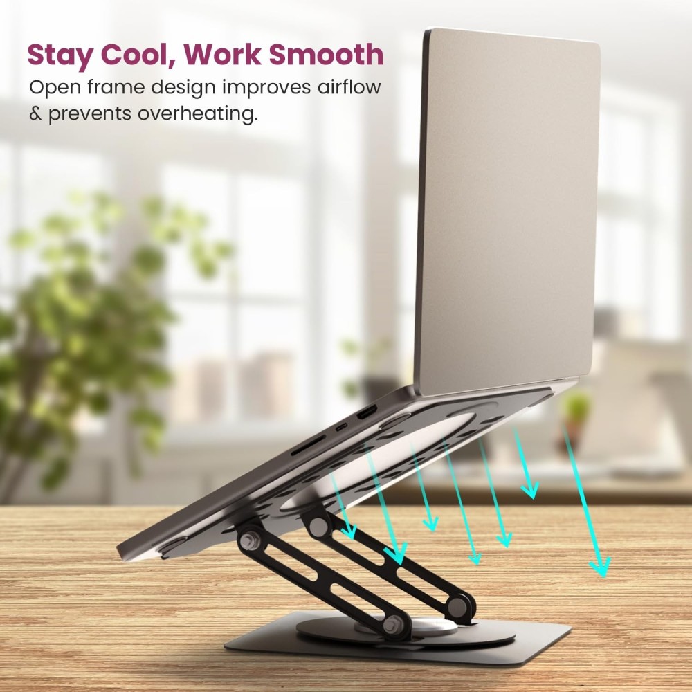 Portronics My Buddy K9 Lite Height Adjustable Laptop Stand with 360° Rotating Base | Carbon Steel | Anti-Slip | Cooling Vent | Fits Up to 15.6" Laptops - (Black)