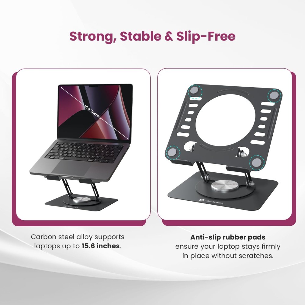 Portronics My Buddy K9 Lite Height Adjustable Laptop Stand with 360° Rotating Base | Carbon Steel | Anti-Slip | Cooling Vent | Fits Up to 15.6" Laptops - (Black)
